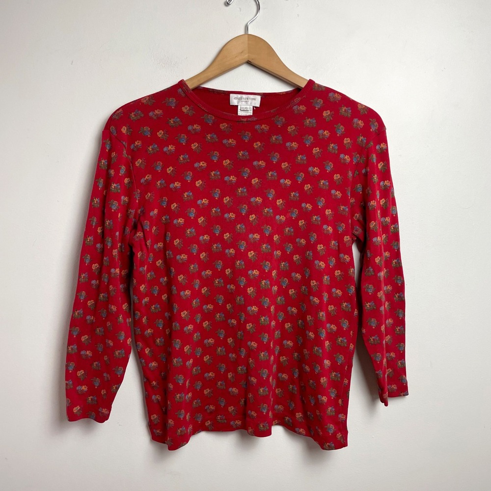Jones New York Sport Red Floral Ribbed Cotton Long Sleeve Top Large Vintage 90s